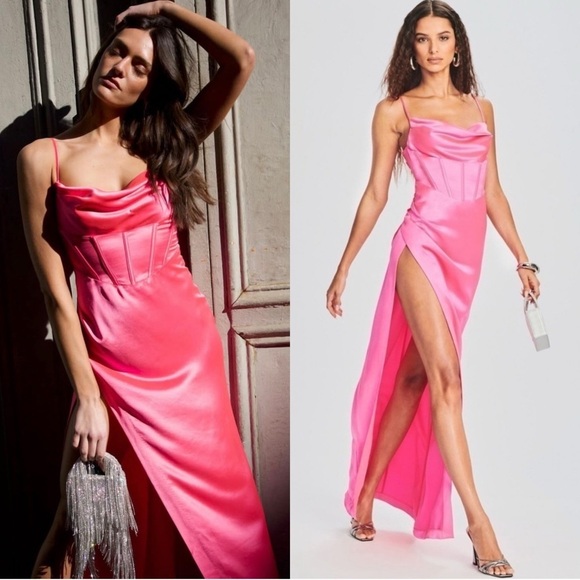 RETROFETE Bubblegum Satin Draped Neck Sleeveless Cutout Back Corset Slip Dress L - Picture 1 of 17